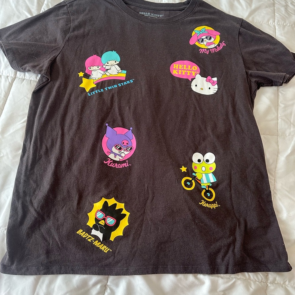 Hello Kitty Black Short Sleeve Tee with Colorful Sanrio Character Patches
